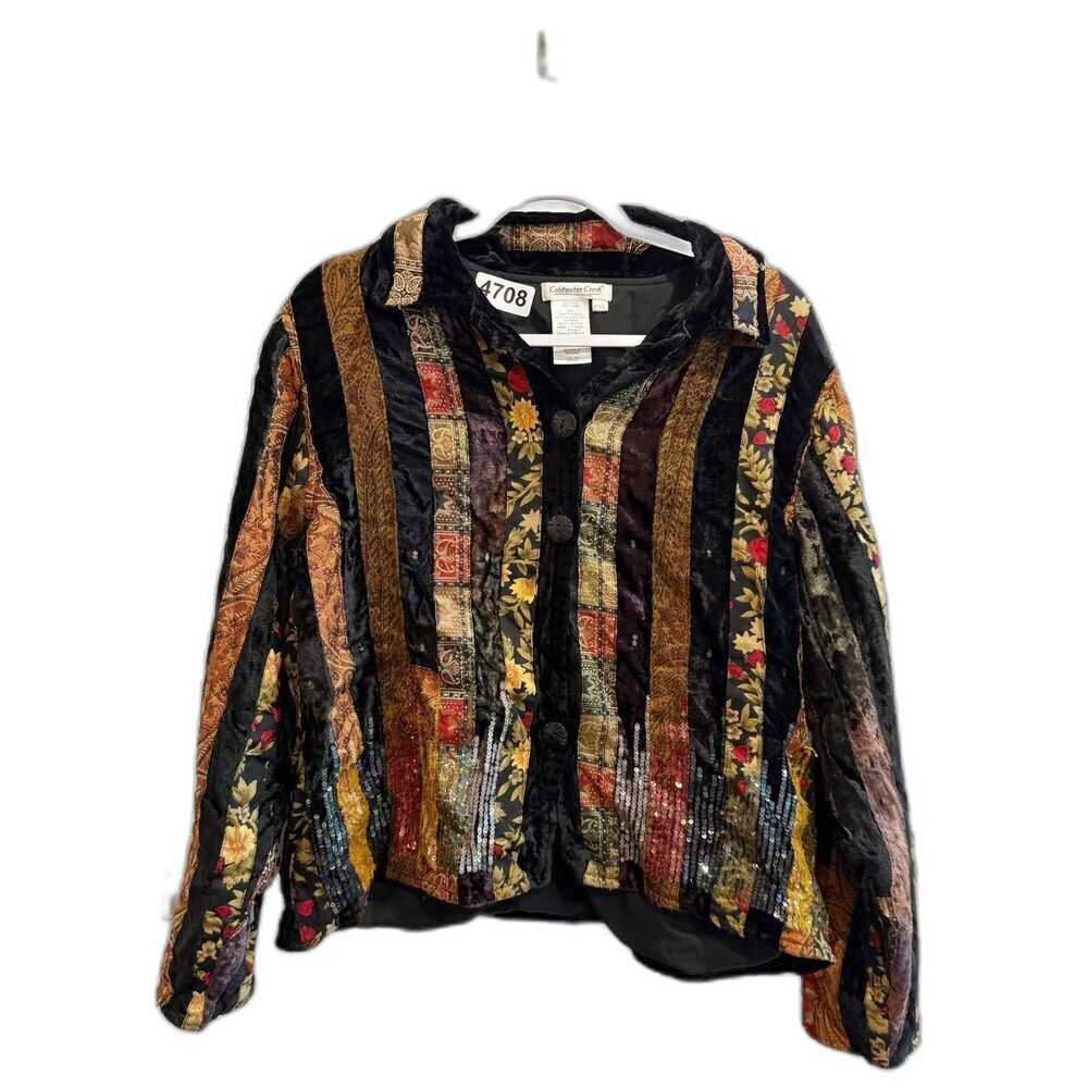 Coldwater Creek Womens Black Jacket PXL Velvet Sequined Ribbon Patchwork Boho